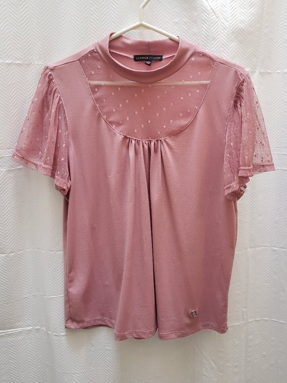 Adrienne Vittadini Dusty Rose Pink Blouse XL Lace Sleeves polka dot detail